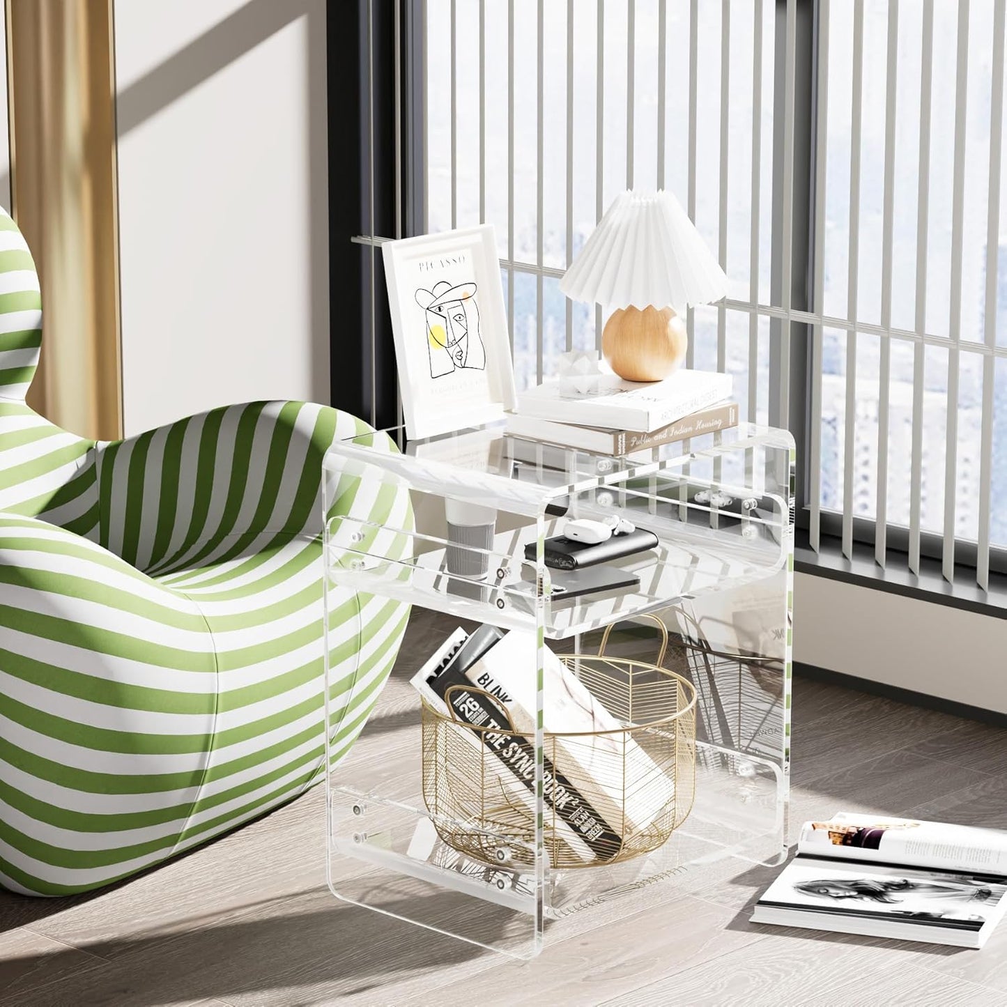 Acrylic Record Player Table with Storage Shelf– Sleek Bedside Storage with Durable Design, Perfect for Bedrooms, Living Rooms, or Modern Interiors – Ideal as a Bedside Table or Sofa Side Piece