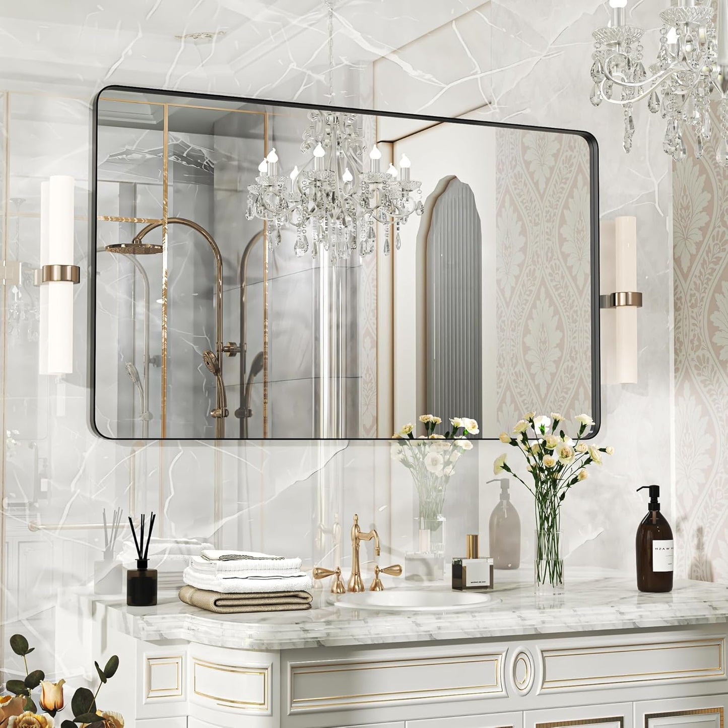 50×30 Black Bathroom Mirror, Rectangular Bathroom Vanity Mirror for Wall with Rounded Corners & Aluminum Alloy Frame, Tempered-Glass, Modern, Farmhouse, Horizontal/Vertical, Entryway, Bedroom