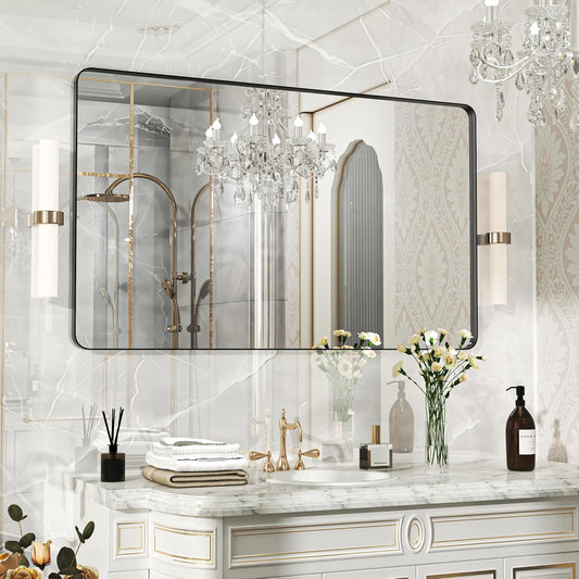 50×30 Black Bathroom Mirror, Rectangular Bathroom Vanity Mirror for Wall with Rounded Corners & Aluminum Alloy Frame, Tempered-Glass, Modern, Farmhouse, Horizontal/Vertical, Entryway, Bedroom