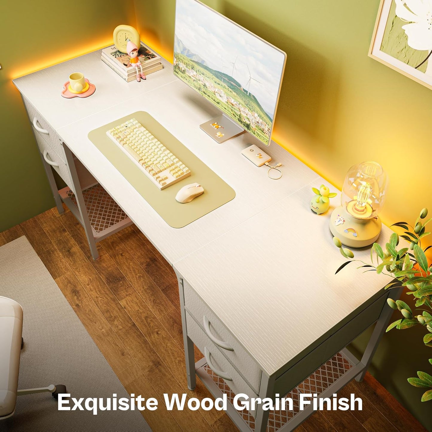 Huuger 55 Inch White Desk with 4 Drawers, Vanity Desk with Mesh Shelf for Makeup, Computer Desk for Home Office with Large Storage, Bedroom, Work from Home