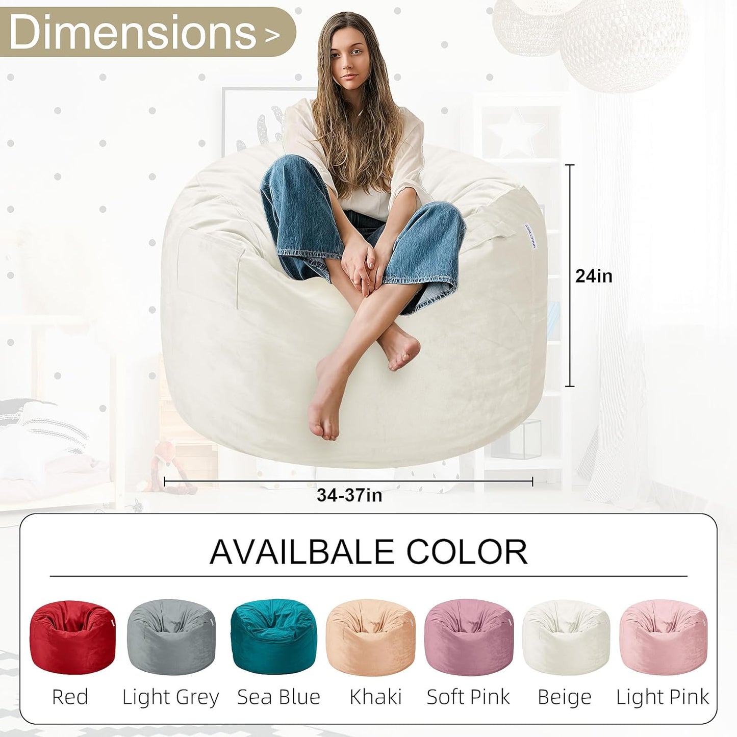 HABUTWAY Bean Bag Chair 3Ft Luxurious Velvet Ultra Soft Fur with High Rebound Memory Foam Bean Bag Chairs for Adults Plush Lazy Sofa with Fluffy Sponge 3' (Beige)