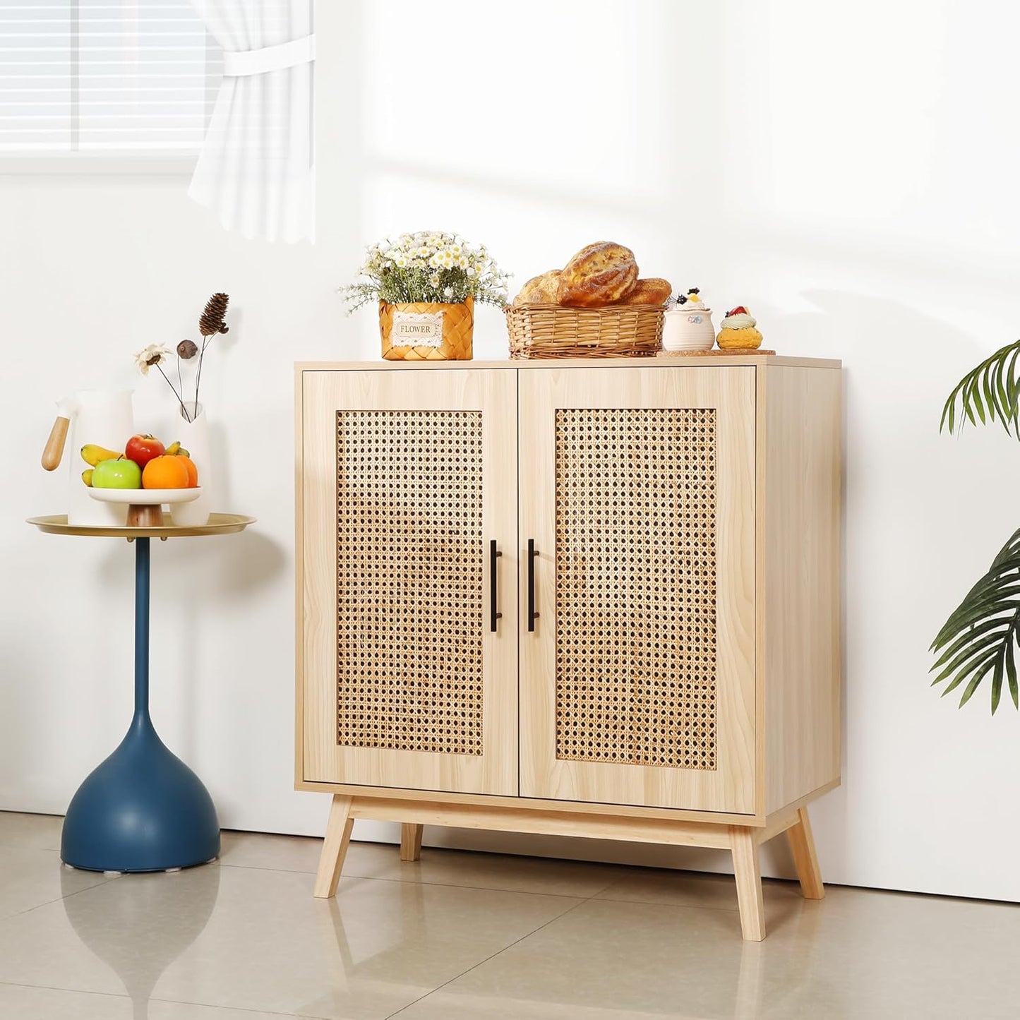 Rengue Sideboard Buffet Cabinet with Rattan Decorated Doors - Accent Cabinet Cupboard Console Table for Hallway, Entry, Living Room, Natural