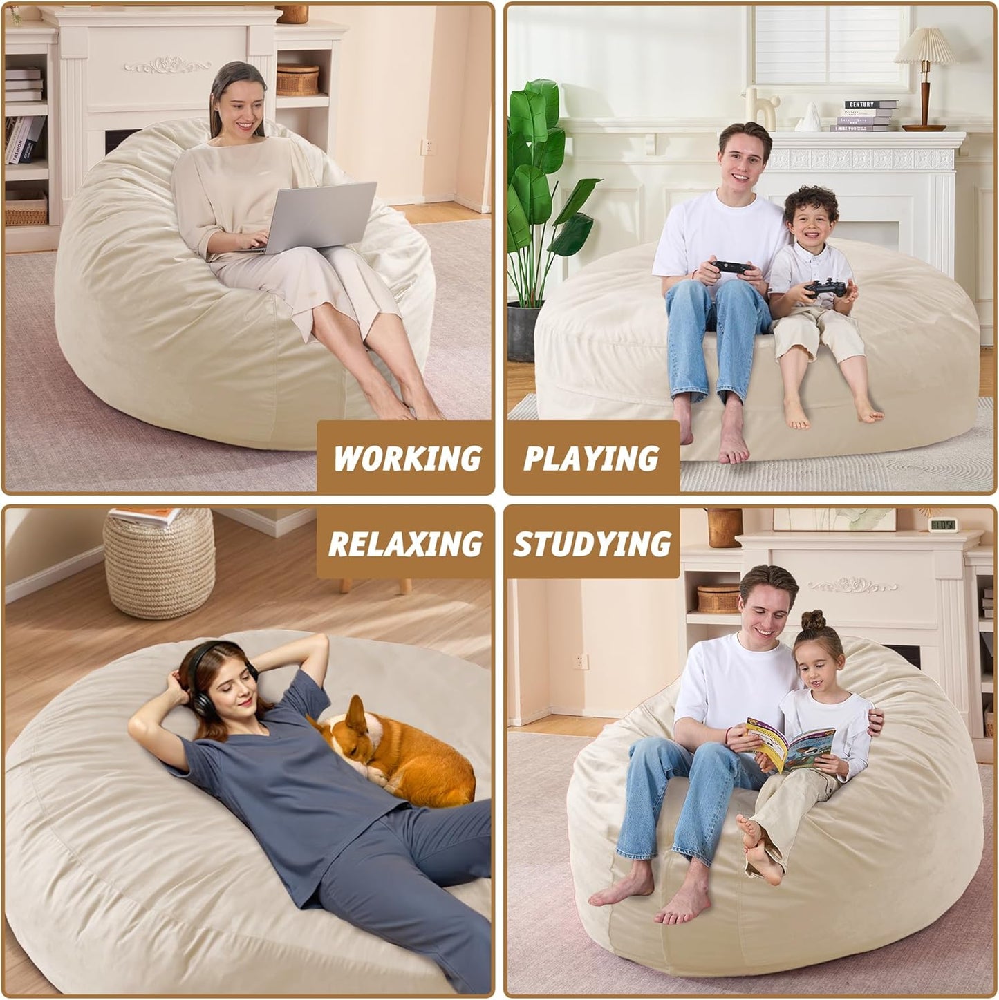 7FT Bean Bag Chair with Ultra Soft Velvet Cover Bean Bag Sofa with Memory Foam Bean Bag Chairs with Large Size Lazy Sofa for Dorm Office Living Room Bedroom Beige 7'