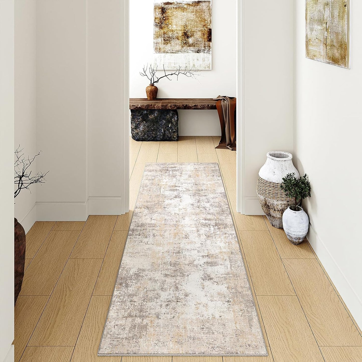 2x7 Washable Runner Rug Beige Grey Neutral Abstract Hallway Kitchen Living Room Bedroom Non Slip Throw Rug Soft Low Pile Indoor Carpet for Entrance Laundry Bathroom