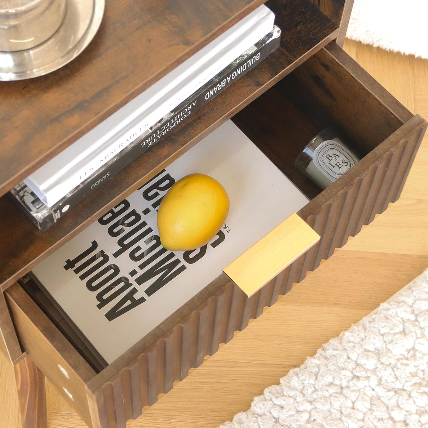 AWASEN Mid Century Modern Nightstand, Wood Bedside Table with Fluted Drawers, Rustic Night Stand Bed Side Table with Solid Wood for Living Room, Bedroom, Office and Small Space (Rustic Brown)