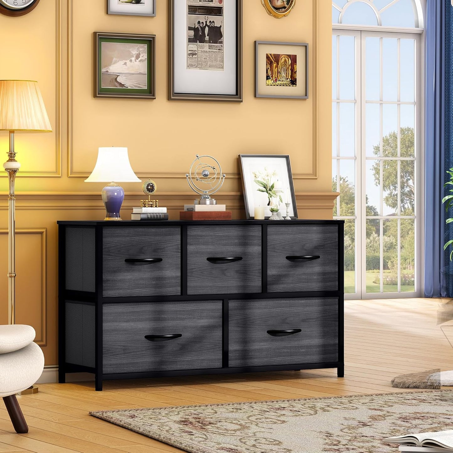 DWVO Dresser with 5 Drawers - Fabric Storage Tower, Organizer Unit for Bedroom, Living Room, Closets - Sturdy Steel Frame, Wooden Top