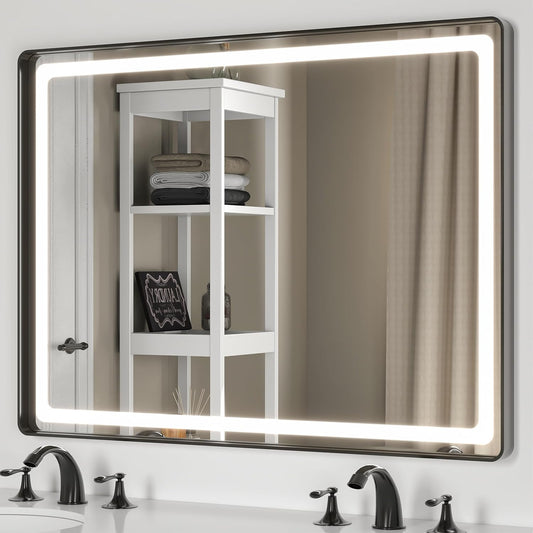 Hasipu LED Bathroom Mirror with Lights 40 x 26 Inch, Black Metal Frame Light Mirror for Vanity Anti-Fog, Dimmable, 3 Colors (Horizontal/Vertical)