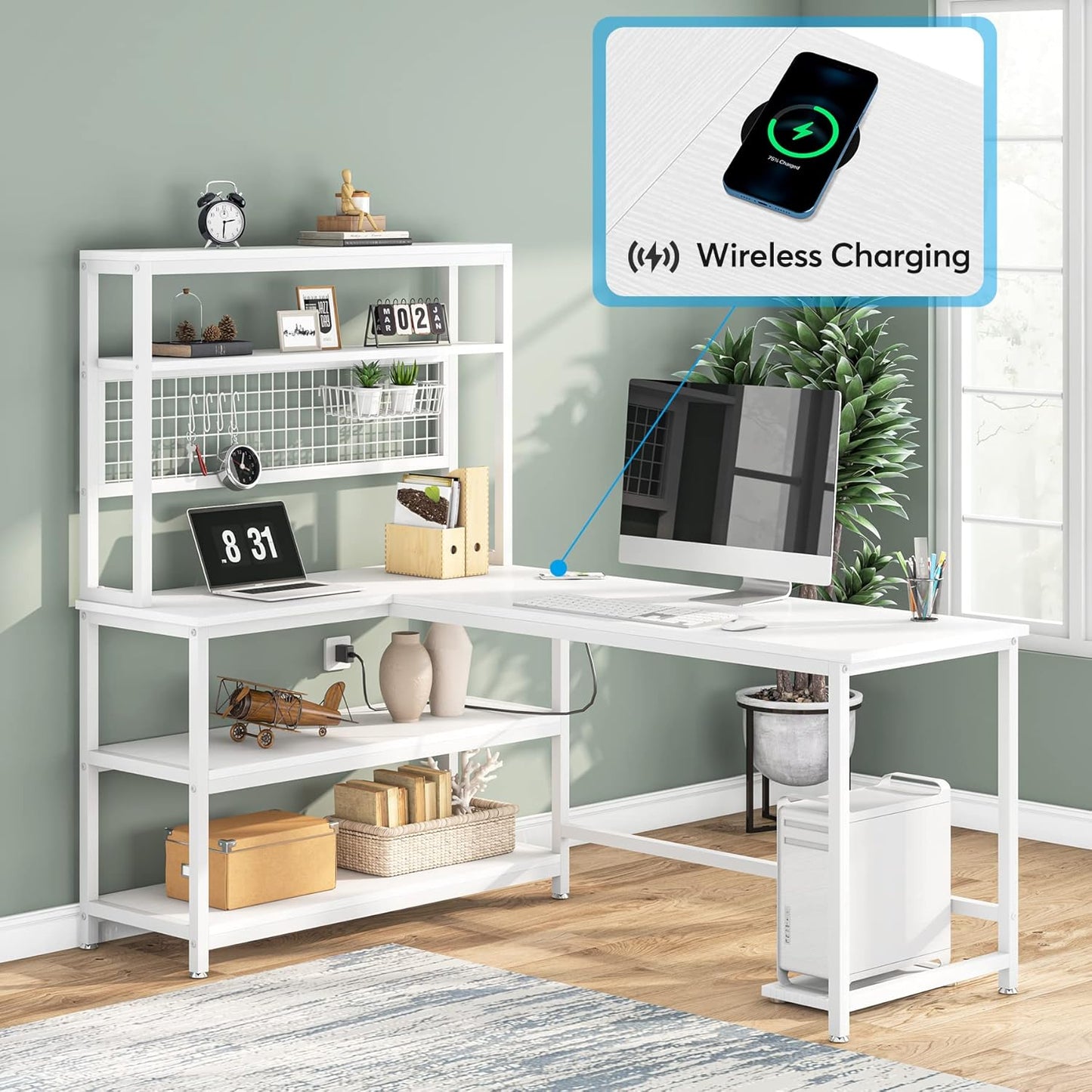 Tribesigns 55" Large Computer Desk with Wireless Charging 5 Storage Shelves, Office Desk Study Table Writing Desk Workstation with Hutch Bookshelf for Home Office (All White)