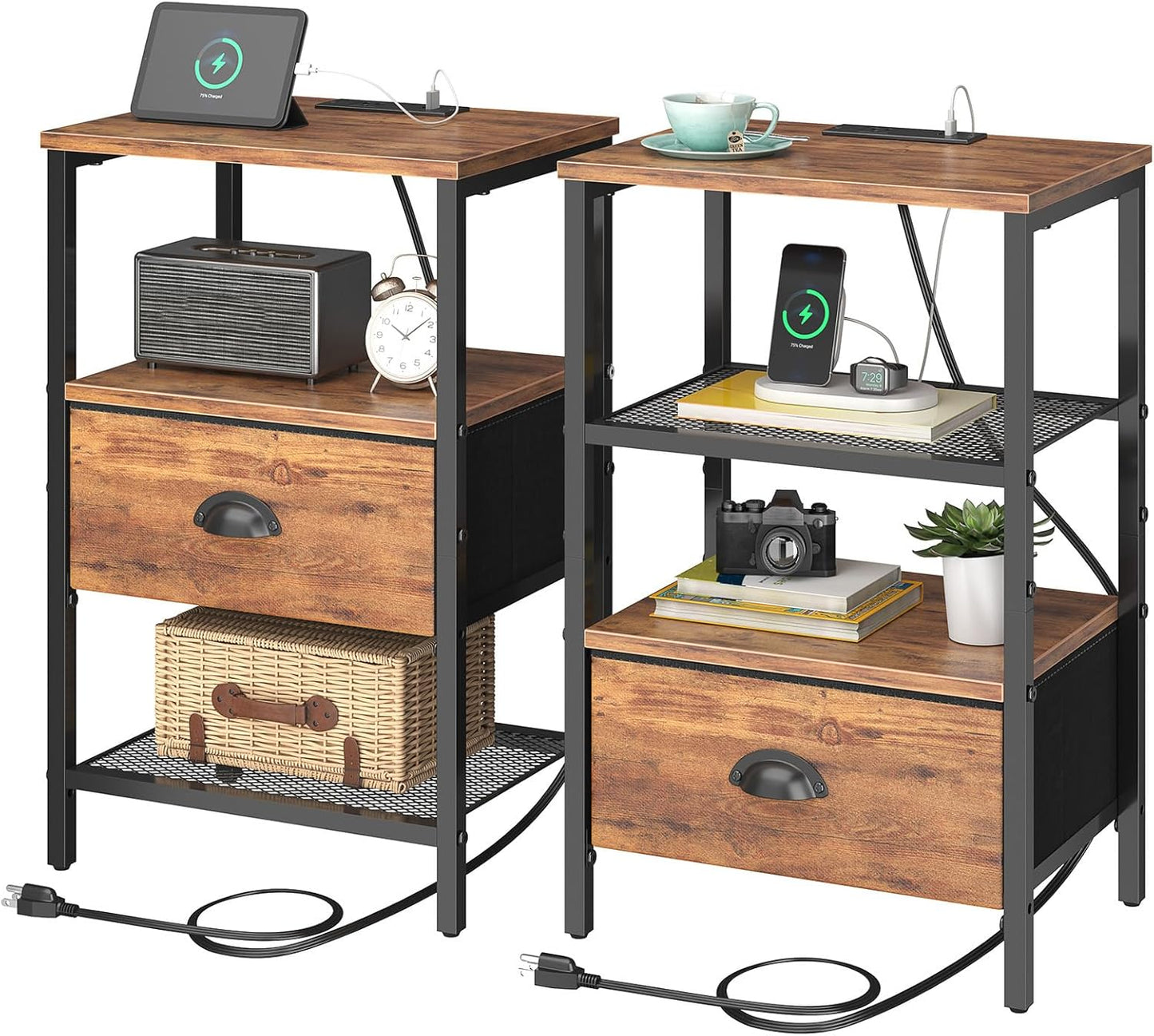 Nightstands Set of 2, Night Stands with Charging Station and Fabric Drawer, Bedside Tables with Storage, 2- Tier Side Table with Open Shelf, Nightstands with Charging Station,Rustic Brown