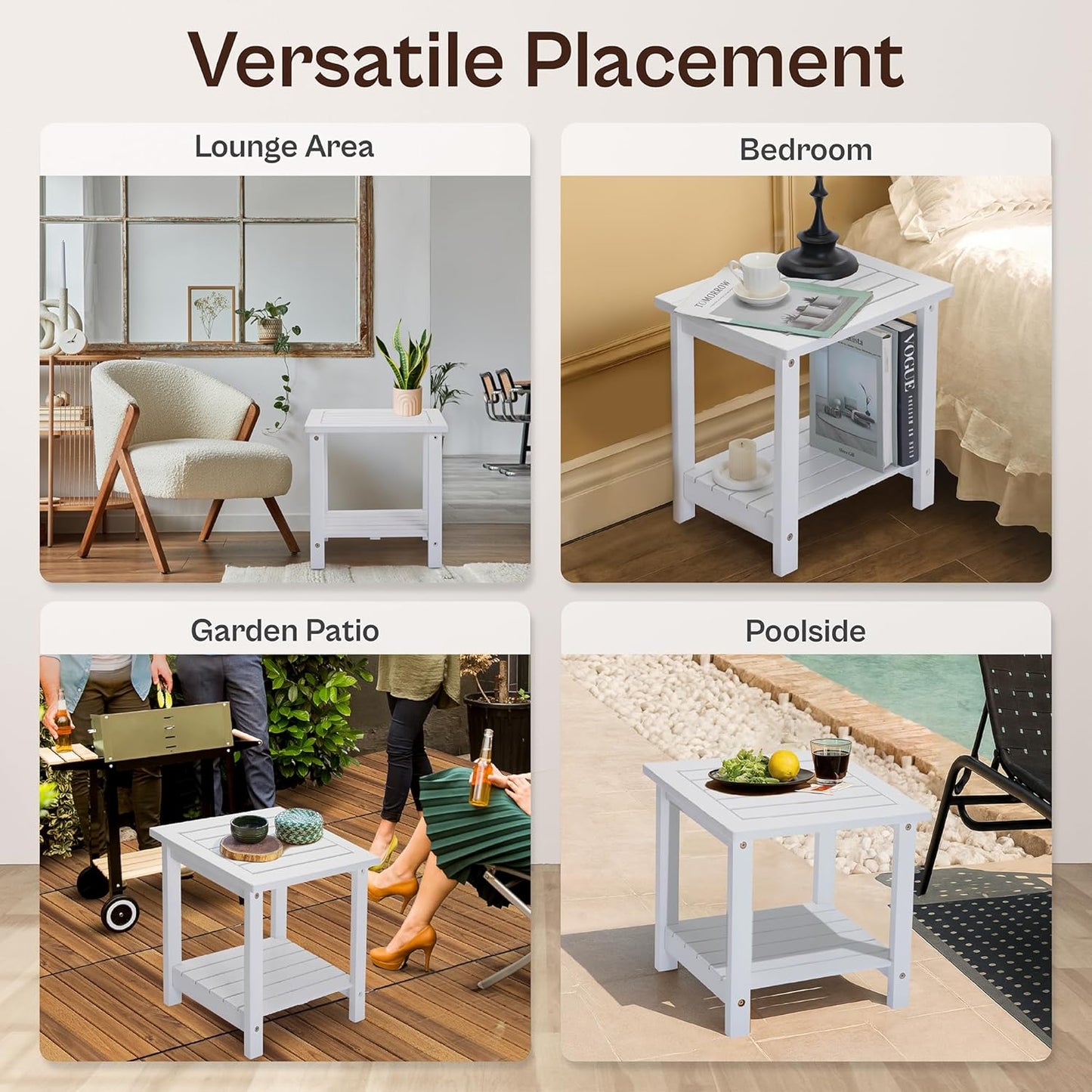 Adirondack Side Table – Weather-Resistant Rectangular End Table for Patio, Garden, Lawn, or Living Room | Indoor & Outdoor Wood Side Table, Rustic Style (White)