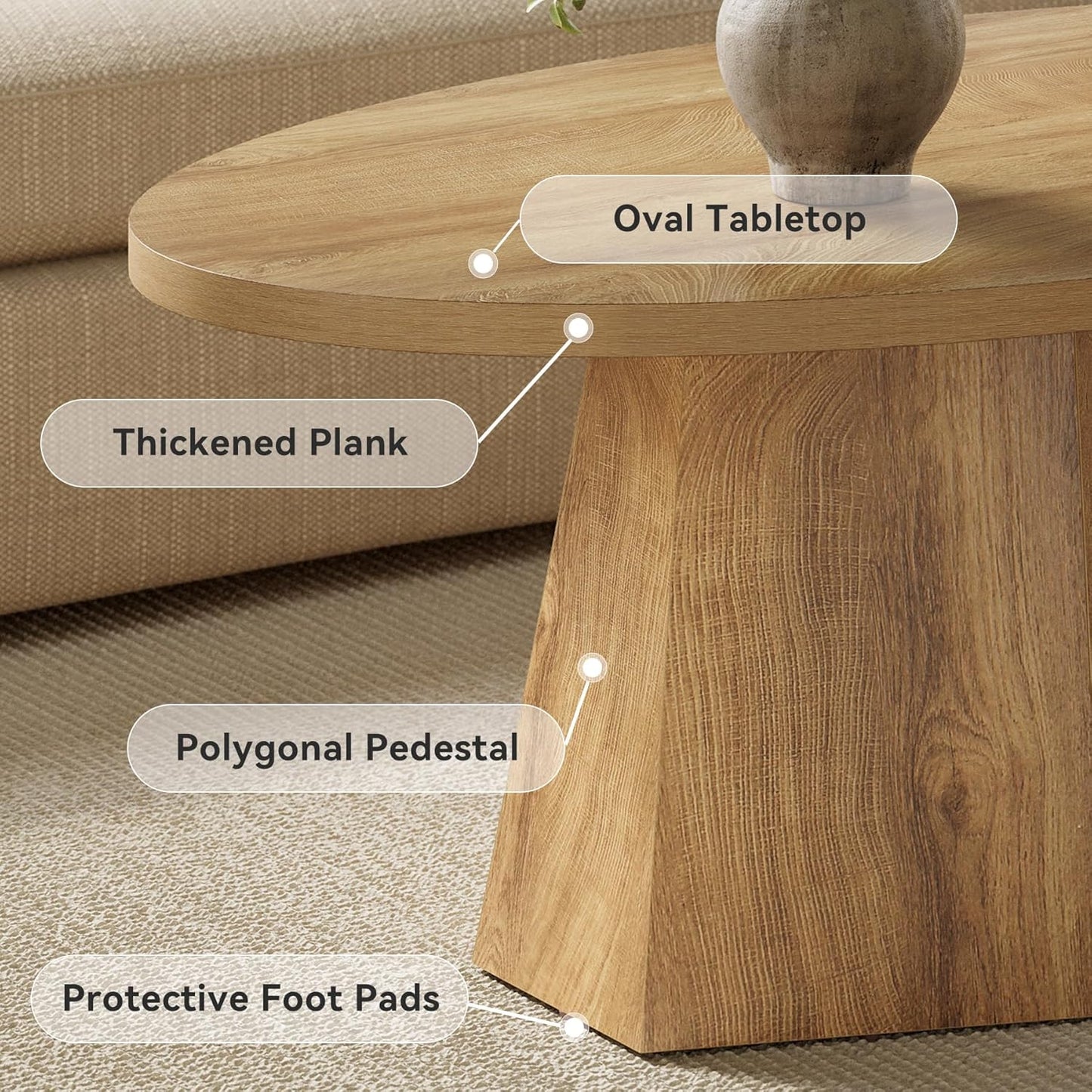 Oval Coffee Table, 47-Inch Living Room Table with Polygonal Pedestal, Modern Center Accent Furniture, Child-Friendly, Easy to Assembly, Yellowish Brown