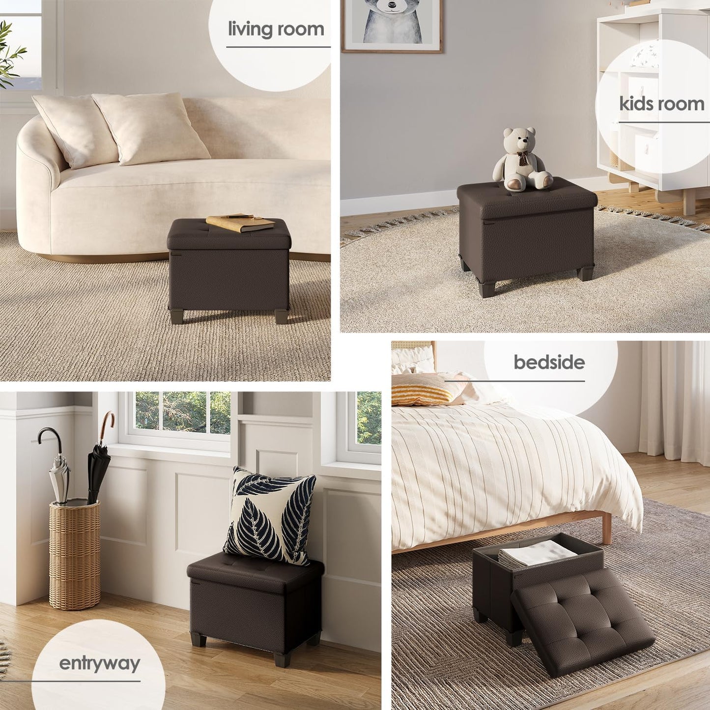 STORAGEBUD Storage Ottoman Cube with Small Bin, 16-in Square Ottoman with Storage for Living Room and Bedroom, Small Ottomans Foot Rest, Faux Leather Foot Stools Ottomans Max 330lbs, Brown