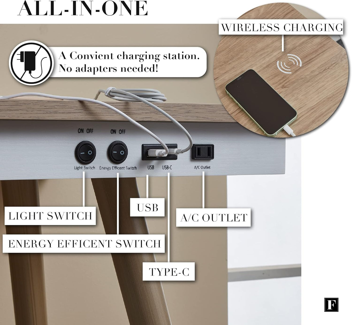 FENLO Future 39" Mid Century Desk for Home Office, Office Table with USB Charging Station, Mid Century Modern Desk with Wireless Charging, USB, and USB-C Ports
