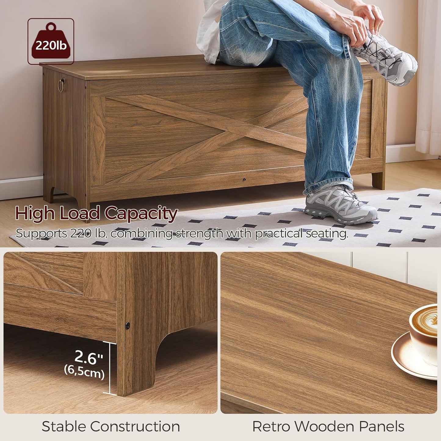 47.2" Toy Chest, Sturdy Entryway Storage Chest with Safety Hinge, Retro Toy Box, Wooden Look Accent Furniture for Living Room, Bedroom, Honey Brown SCOR48801