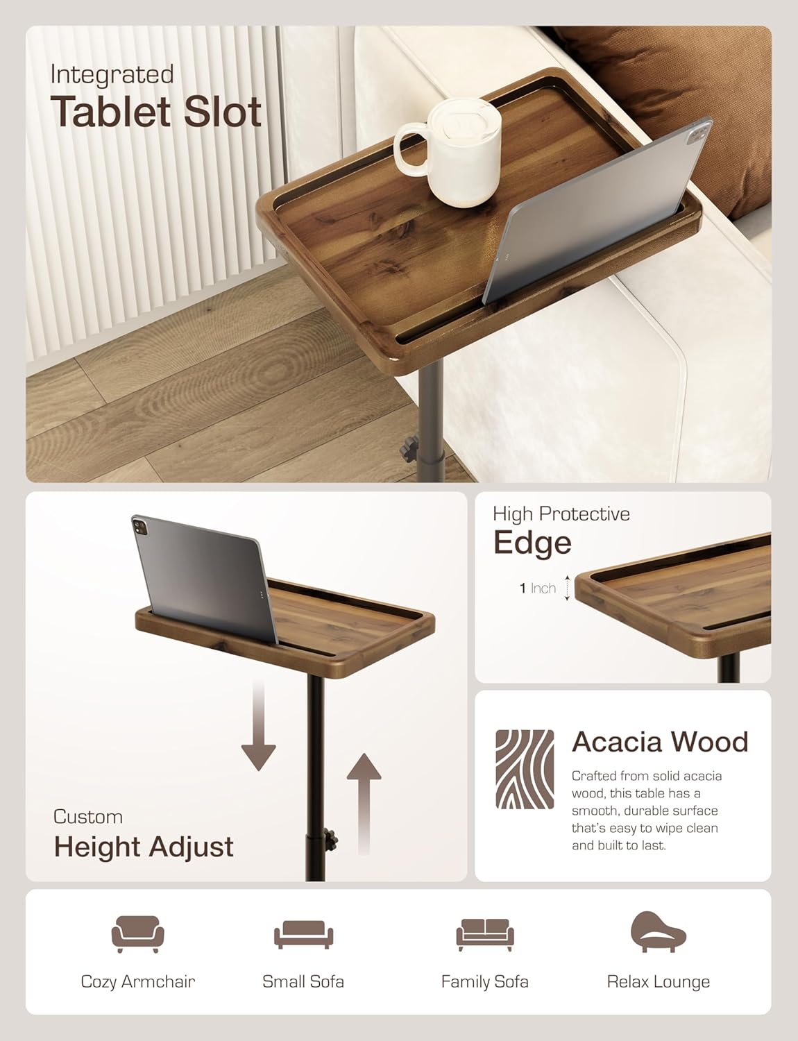 HOLANA Acacia Wood Adjustable C-Shaped Couch Table – 360° Swivel Side Table for Sofa - Small End Table for iPad, Laptop, or TV Tray – Eating Trays for Living Room or Bedside Use (Walnut)