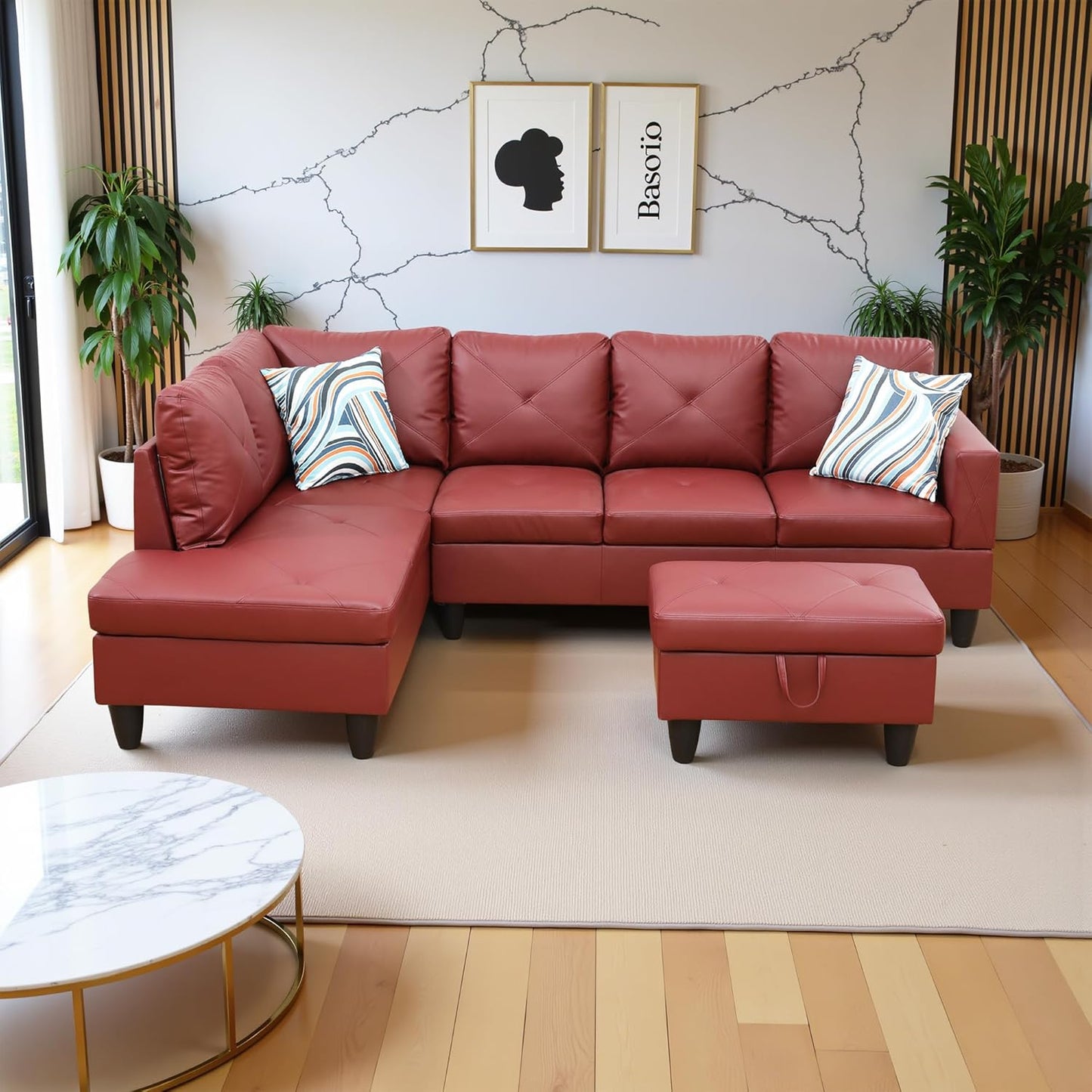 97" Oversized Sectional Couch, L Shaped Couch with Storage Ottoman, Modern Modular Sofa with Deep Seat, Sectional Couches for Living Room and Office, Red (Faux Leather)