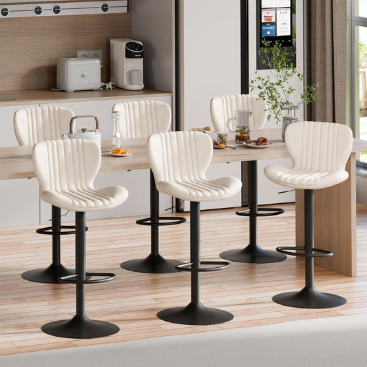 Shintenchi Bar Stools Set of 6 Modern Swivel Bar Chairs, Counter Height Faux Leather Metal Barstools, Upholstered Island Chairs with Back and Footrest, Beige