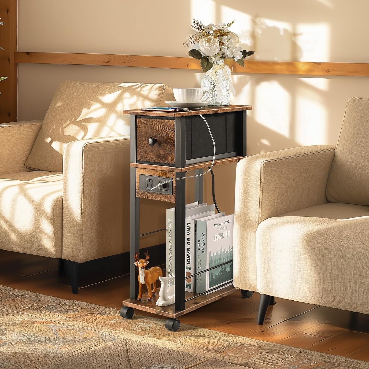 Side Table with Charging Station and Drawer, Narrow End Table with USB Ports and Outlets for Small Space, Living Room, Bedroom and Office, with 4 Wheels (1, Rustic Brown + Black)