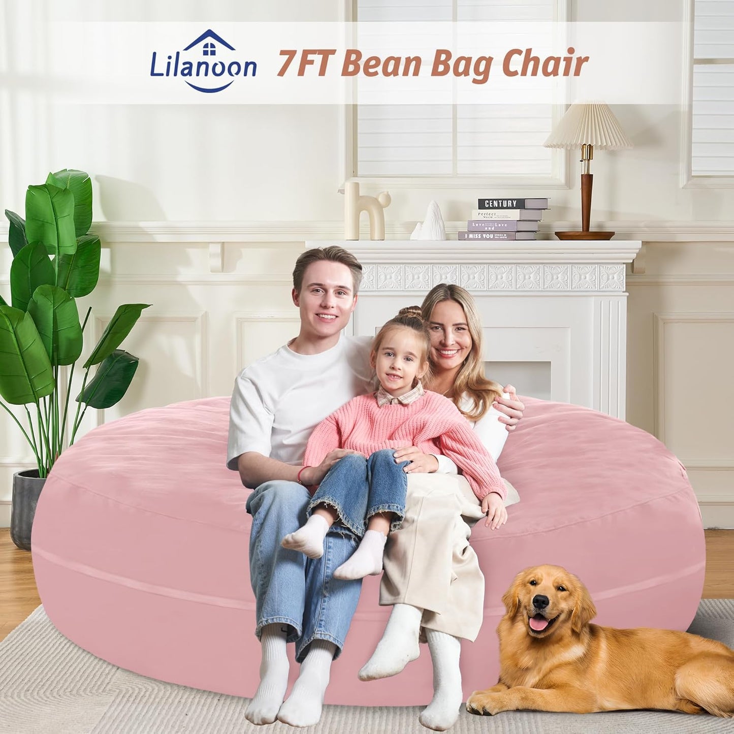 7FT Bean Bag Chair with Ultra Soft Velvet Cover Bean Bag Sofa with Memory Foam Bean Bag Chairs with Large Size Lazy Sofa for Dorm Office Living Room Bedroom Light Pink 7'