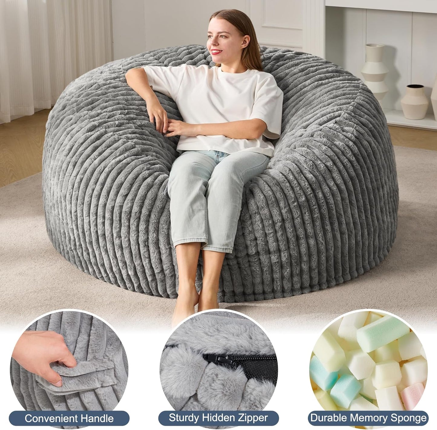 Hobestluk 5ft Bean Bag Chairs for Adults Large Beanbag Chair with Stripe Plush Cover Big Bean Bag Chair for Living Room Bedroom Dorm Office -Grey (50” x 50” x 24”)