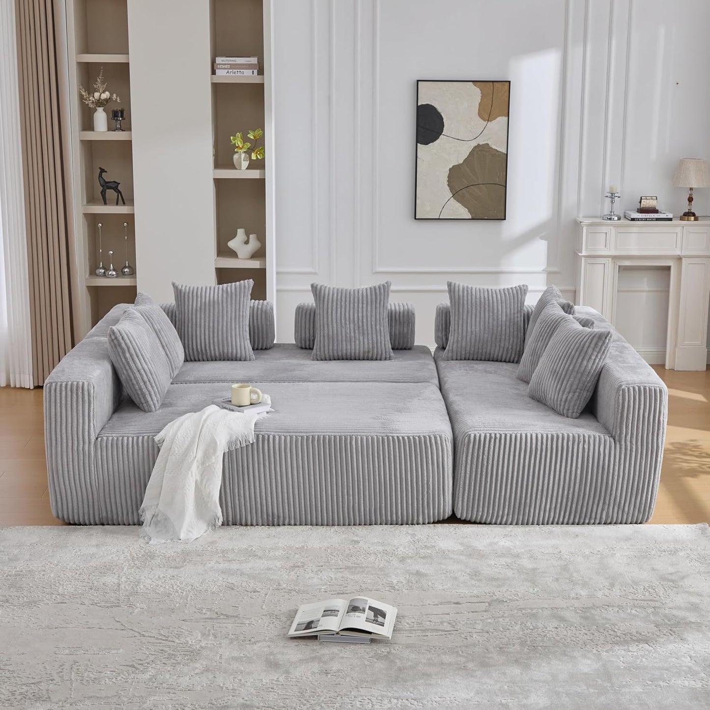 Eafurn DIY Combination Compression Modular Sectional Sofa with Double Chaise Lounge, 146" Oversized U Shaped Boneless Couch with Deep Seat Convertible Sleeper Sofabed w/Throw Pillows