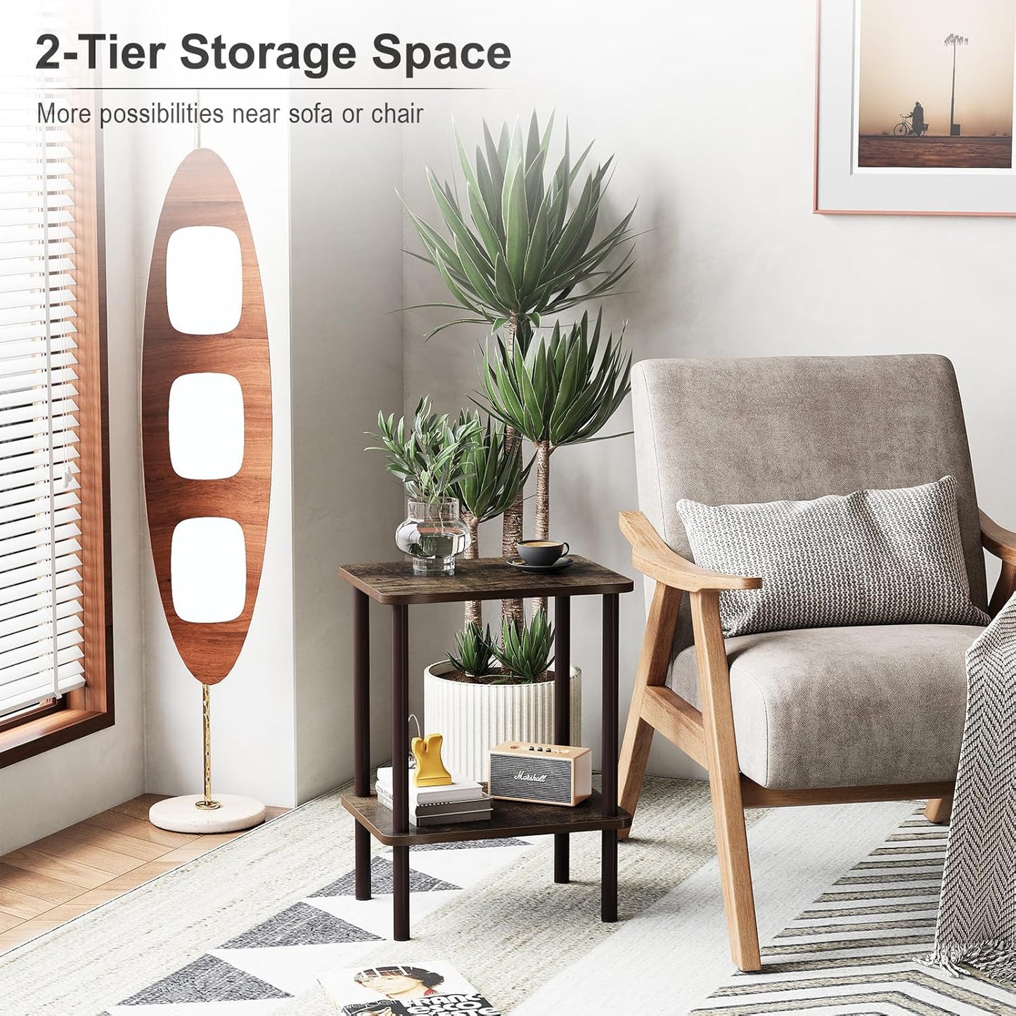 Apicizon 2 Tier End Table, Small Side Table with Solid Wood Legs, Boho Bedside Table with Storage Shelf, Nightstand for Small Spaces, Bedroom, Living Room, Entryway, Easy Assembly, Rustic Oak