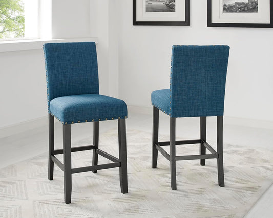 Biony Blue Fabric Counter Height Stools with Nailhead Trim, Set of 2