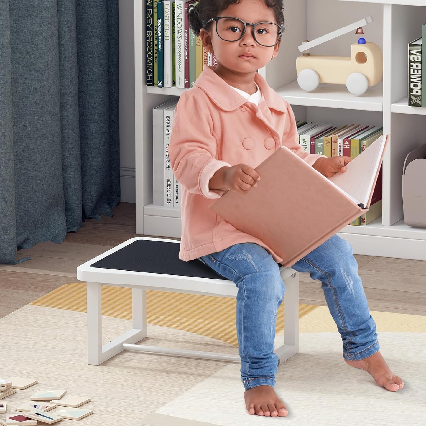 Wooden Step Stool with 500 Pounds, Wide Bed Step Stool for Adults，Wood White Step Stool&Stable Solid Metal Frame for Kitchen, Bedroom, Living Room, Bathroom