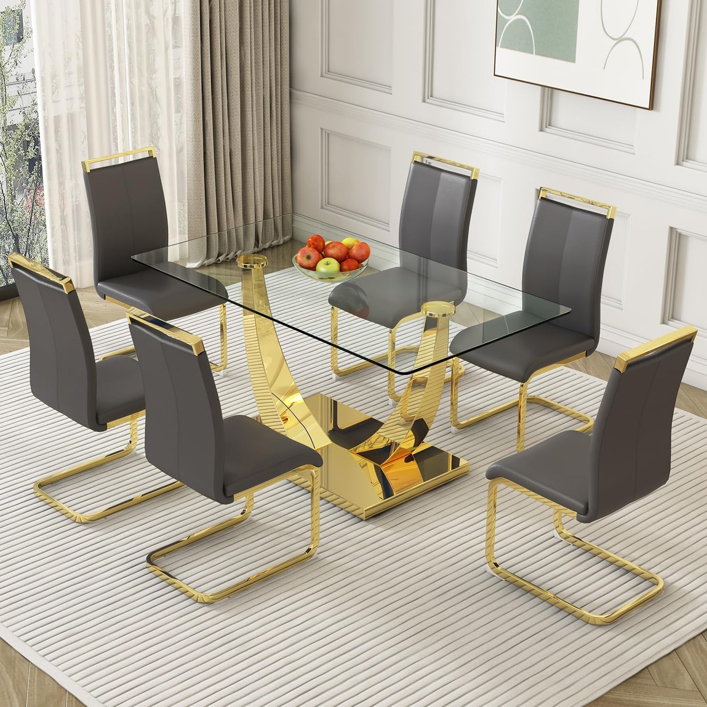 Modern Dining Chairs Set of 6,High Back Grey Kitchen Chairs,Faux Leather Side Chair with Gold Plated Metal Legs,Easy to Clean Upholstered Dining Chairs,Ideal for Living Room(Gold Leg)
