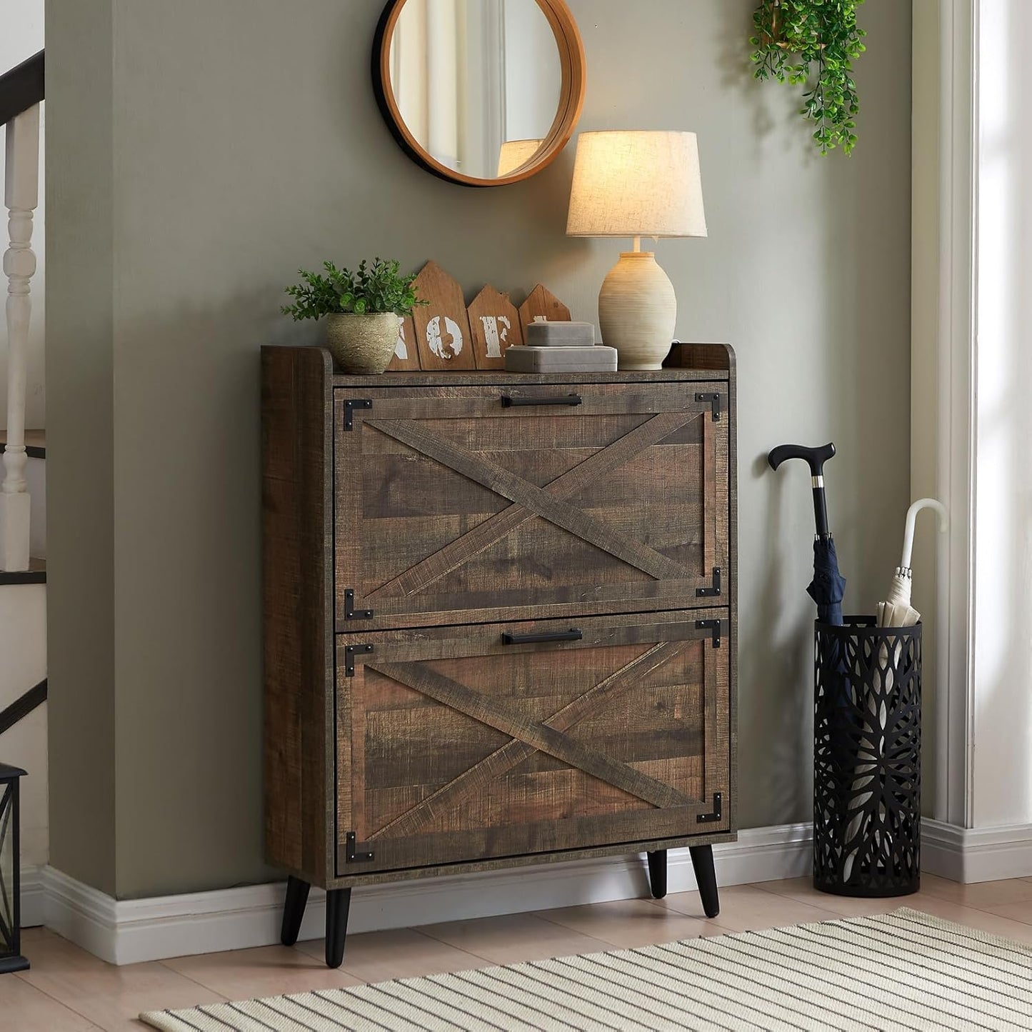 Shoe Storage Cabinet,Farmhouse Shoe Organizer with 2 Flip Drawers & Barn Door Design,Freestanding Hidden Slim Narrow Shoe Rack Cabinet for Entryway,Foyer,Hallway,Rustic Brown