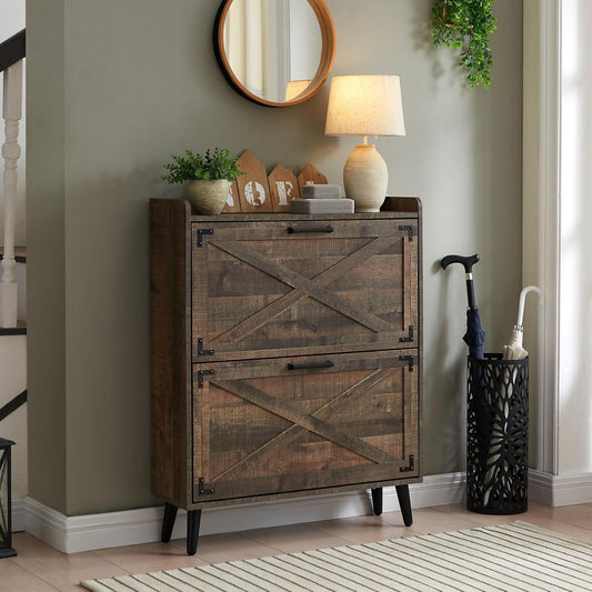 Shoe Storage Cabinet,Farmhouse Shoe Organizer with 2 Flip Drawers & Barn Door Design,Freestanding Hidden Slim Narrow Shoe Rack Cabinet for Entryway,Foyer,Hallway,Rustic Brown