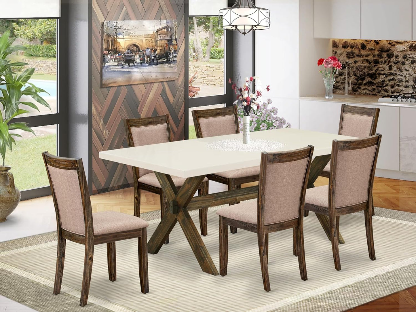 East West Furniture X727MZ716-7 7 Piece Kitchen Table Set Consist of a Rectangle Dining Table with X-Legs and 6 Dark Khaki Linen Fabric Parson Dining Chairs, 40x72 Inch, Multi-Color