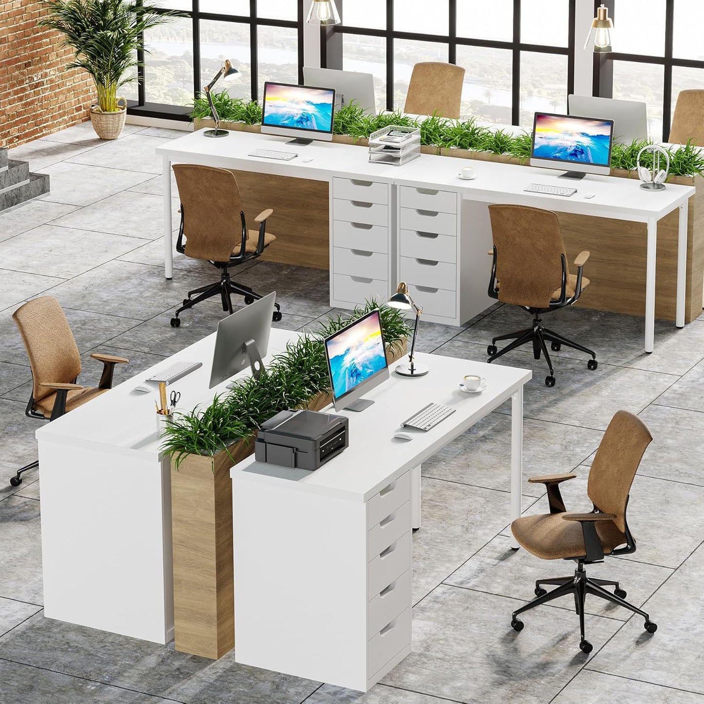 Tribesigns Computer Desk with 5 Drawers, 47 inches Rustic Brown Home Office Desk with Storage, Modern Simple Laptop Desk Study Writing Table for Small Spaces (1, White)