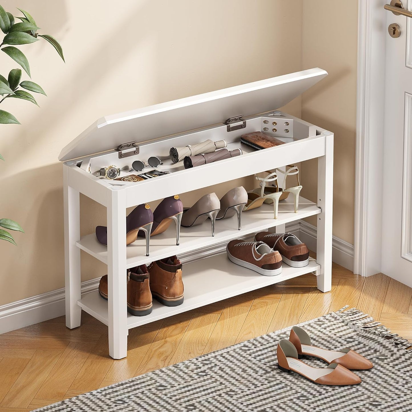 Shoe Rack Bench Seat Rubberwood 2-Tier Wooden Storage Bench 550lbs Compact Mid-Century Modern Design for Entryway, Hallway, Closet, Front Door Entrance, Foyer