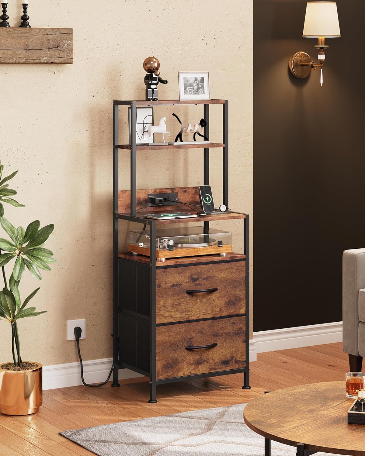 WLIVE Nightstand with Charging Station, LED Night Stand with 2 Drawers and 4 Storage Open Shelves, Fabric Dresser for Bedroom, Rustic Brown