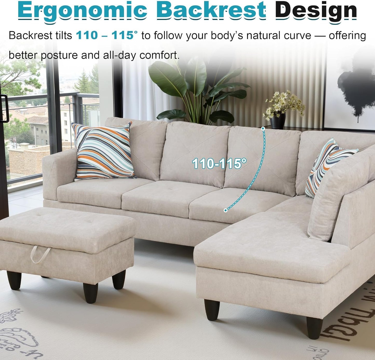 97" Oversized Sectional Couch, L Shaped Couch with Storage Ottoman, Modern Modular Sofa with Deep Seat, Sectional Couches for Living Room and Office, Off-White (Flannelette)