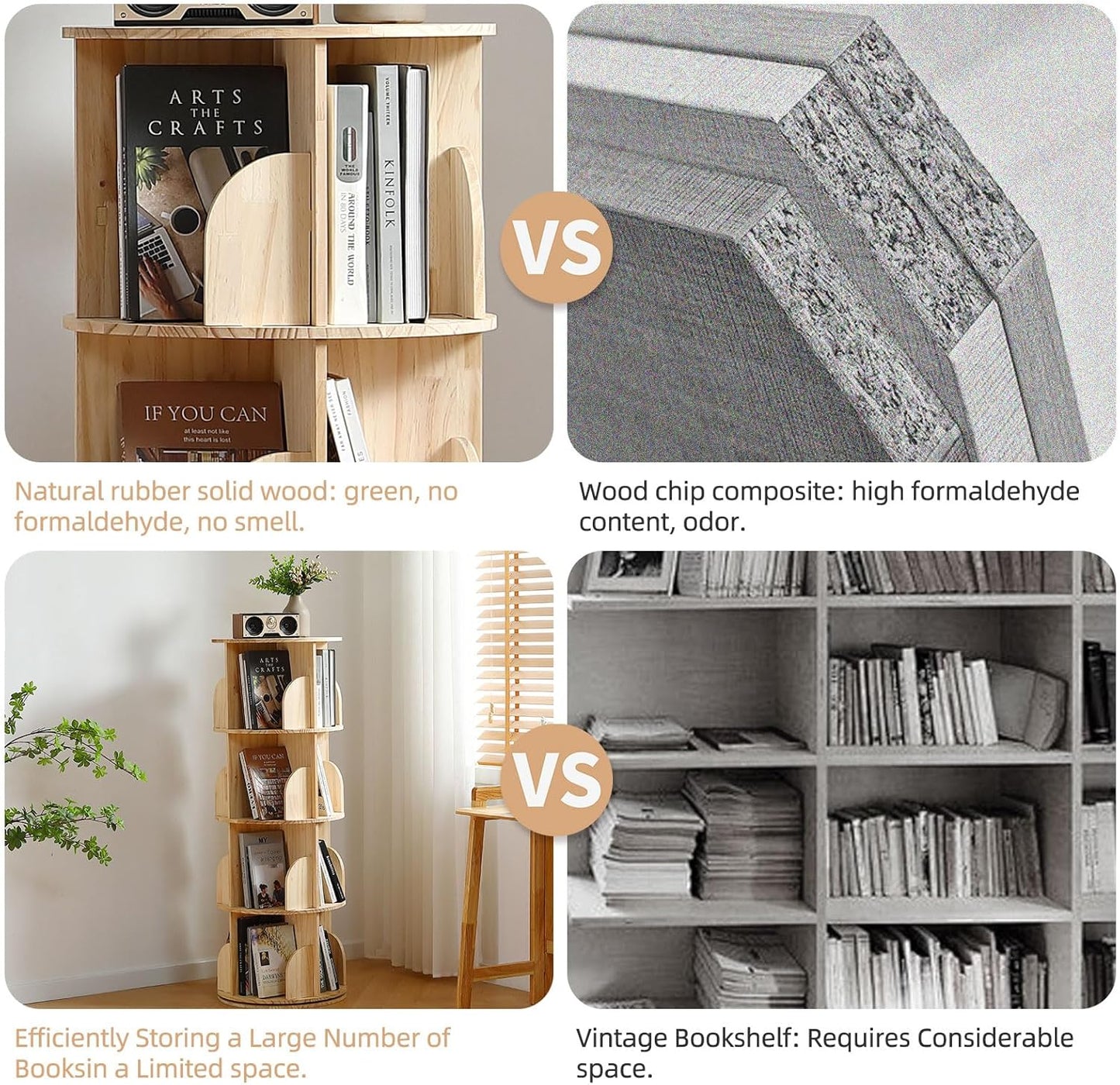 Rotating Bookshelf Tower, 4 Tier 360 Display Spinning Bookshelf, Solid Wood Revolving Bookcase for Kid Adult, Corner Floor Rotating Bookcase for Bedroom, Living Room, Study Room, Small Space