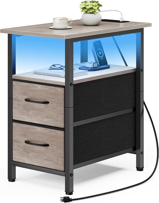 Vagusicc Nightstand with Charging Station and LED Lights, Narrow Side Table, LED Night Stand with 2 Fabric Drawers, Bedside Table with USB Ports and Outlets, Tall Nightstand for Bedroom, Rustic Grey