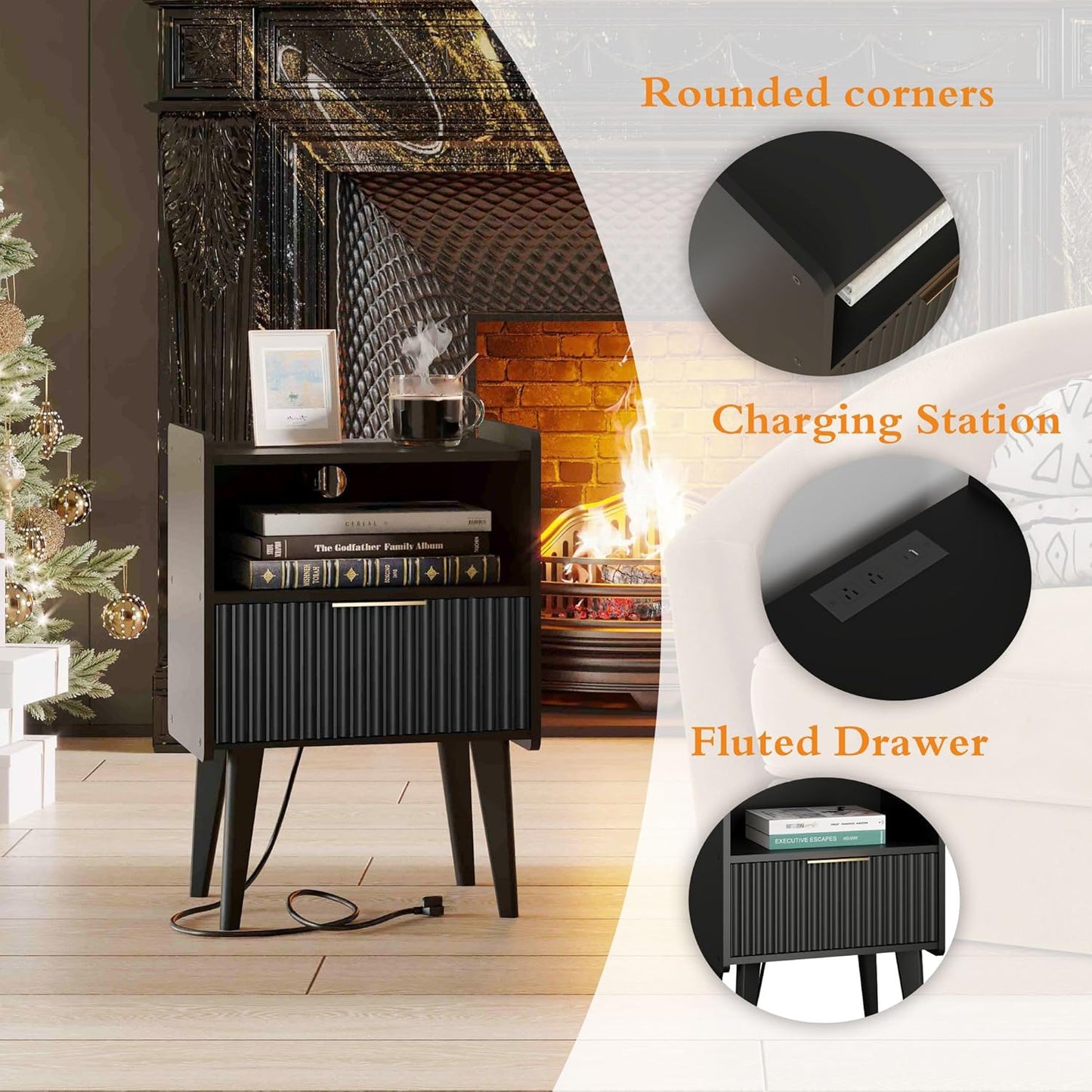 Fluted Nightstand with Charging Station, Modern Bedside Table with Drawer,Black Nightstand with Solid Wood Legs, End Table,Side Table for Living Room,Bedroom Black CTG57BKE