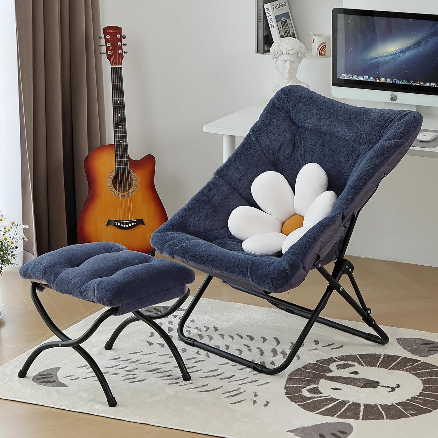 Comfy Folded Chair with Ottoman, Oversized Folding Faux Fur Chair Soft Furry Lounge Lazy Chair with Metal Frame Moon Chair Accent Chair for Bedroom, Living Room, Dorm Rooms