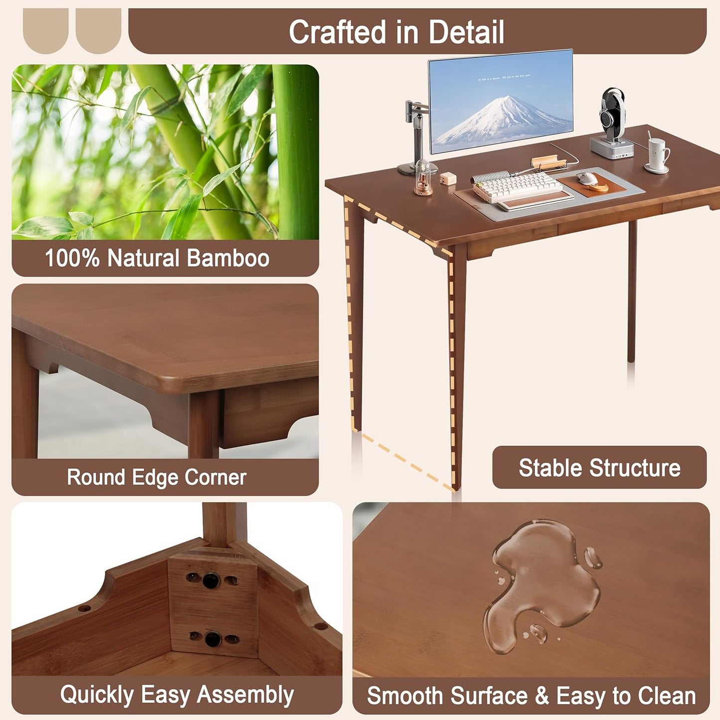 47" Bamboo Computer Desk Study Desk Home Office Desk Writing Table with Drawer, Modern Study Solid Bamboo Multipurpose Table, for Living Room, Bedroom, Walnut Color