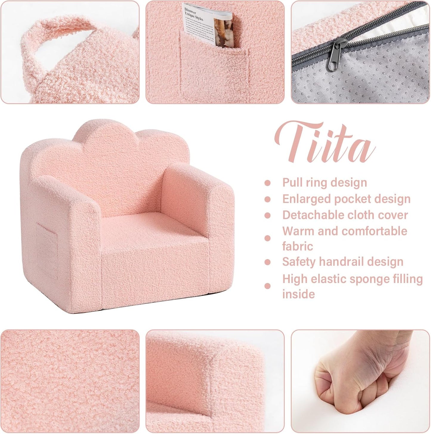 Tiita Kids Couch Sherpa Toddler Chair, Cloud-Like Comfy Kids Sofa Toddler Reading Chair with Washable Cover Carrying Handle, Convertible Children Sofa Chair for Girls and Boys