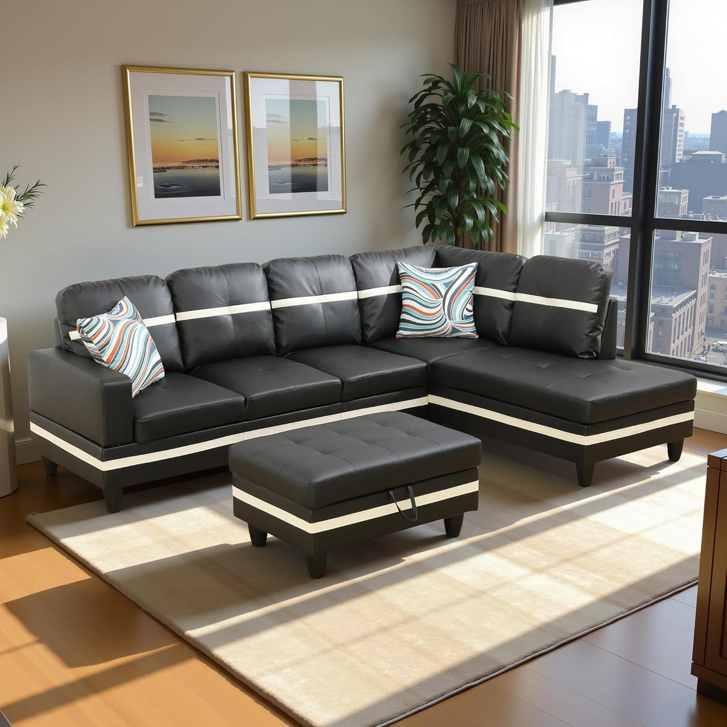 Couches for Living Room PU Leather L Shaped Couch Comfy 3 Pieces Sectional Sofa with Chaise, Ottoman with Storage for Office and Small Apartment, Black