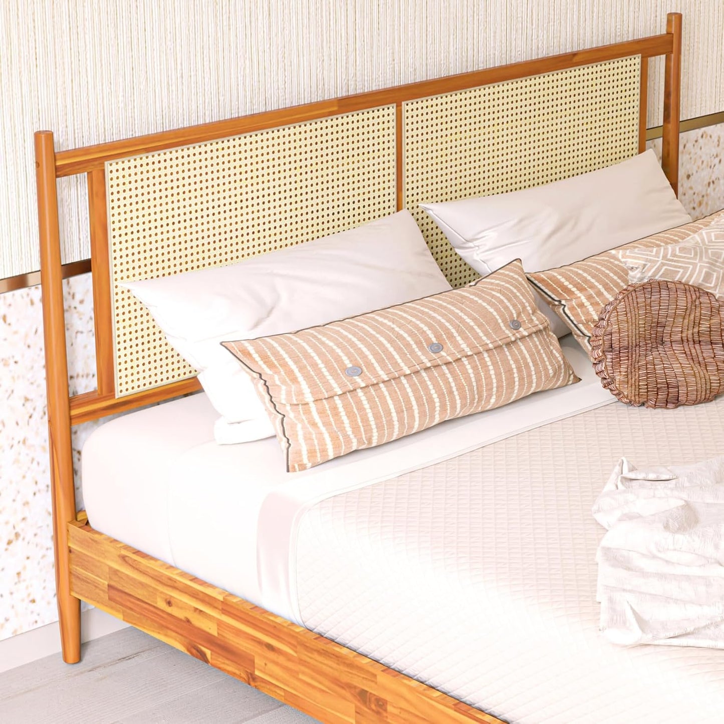Bme Oliver King Bed Frame and Headboard - 15-Inch Signature Design with Rattan Headboard, Bohemian and Mid Century Style, 12-Slat Wood Support, No Box Spring Needed - Easy Assembly, Caramel