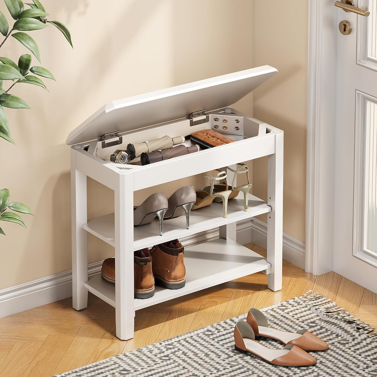 Shoe Rack Bench Seat Rubberwood 2-Tier Wooden Storage Bench 550lbs Compact Mid-Century Modern Design for Entryway, Hallway, Closet, Front Door Entrance, Foyer