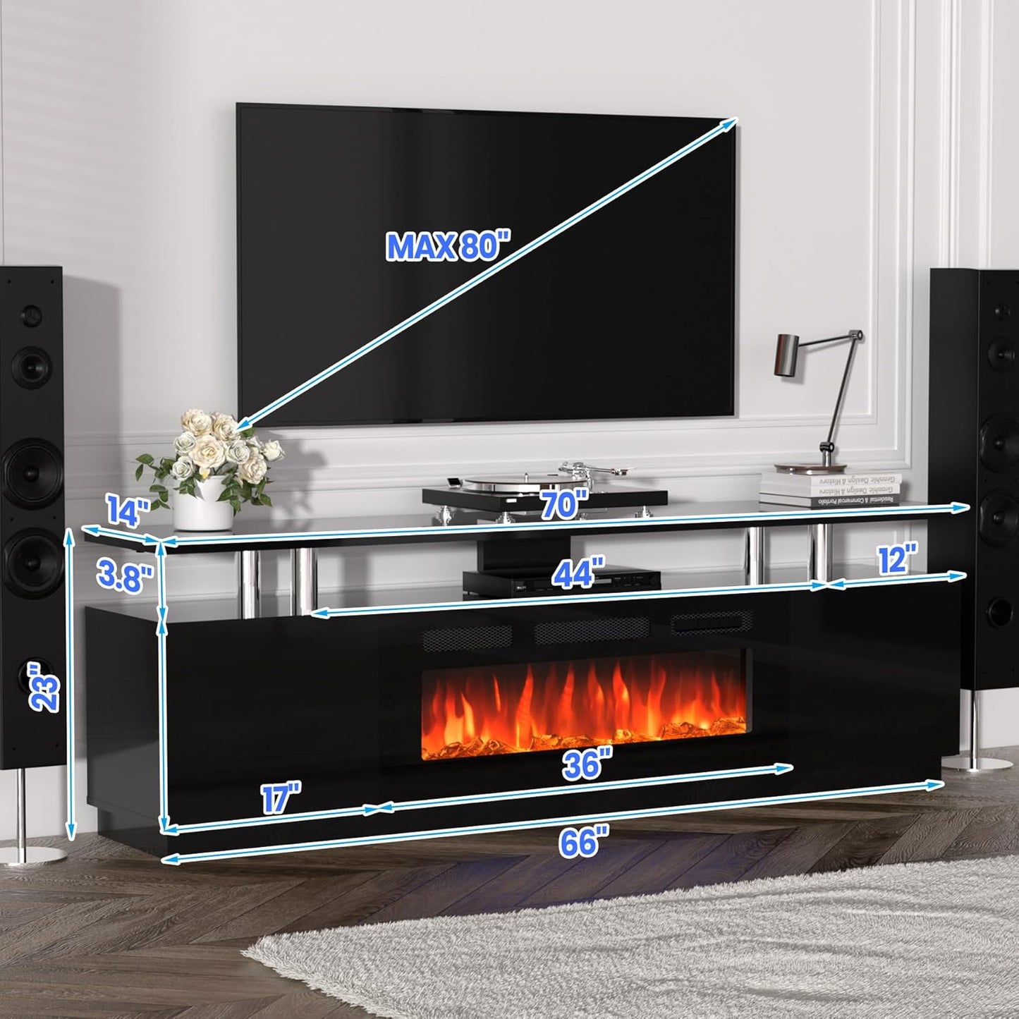 70'' Fireplace TV Stand, Entertainment Center with 36'' Firplace, 2 Tier TV Console Cabinet with Storage Cabinet, Electric Fireplace Heater with LED Light and 12 Flame Colors, Black