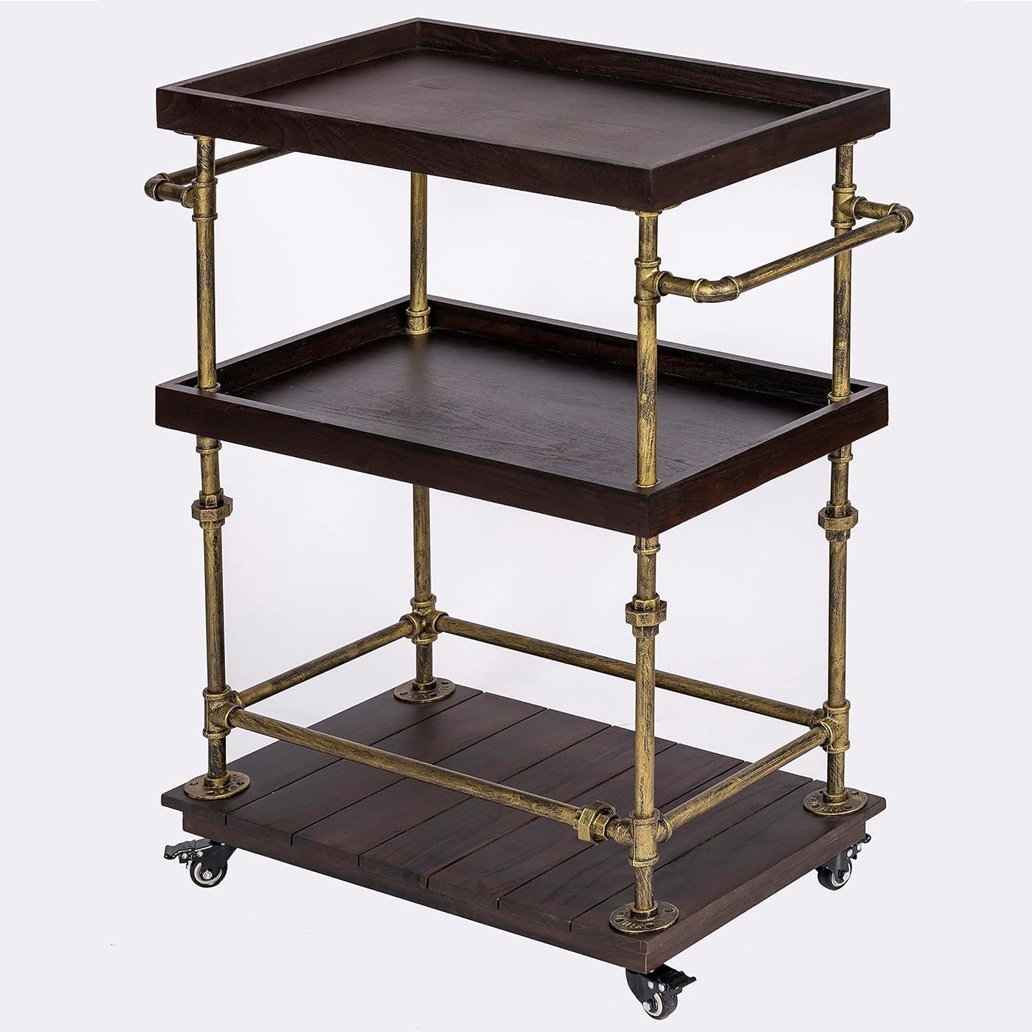 Industrial Bar Cart, 3-Tier Serving Cart Creates with Solid Wood and Metal Pipe Frame, Rustic Style Wide Bar Cart Wine Rack with Wheels (3-Tier)