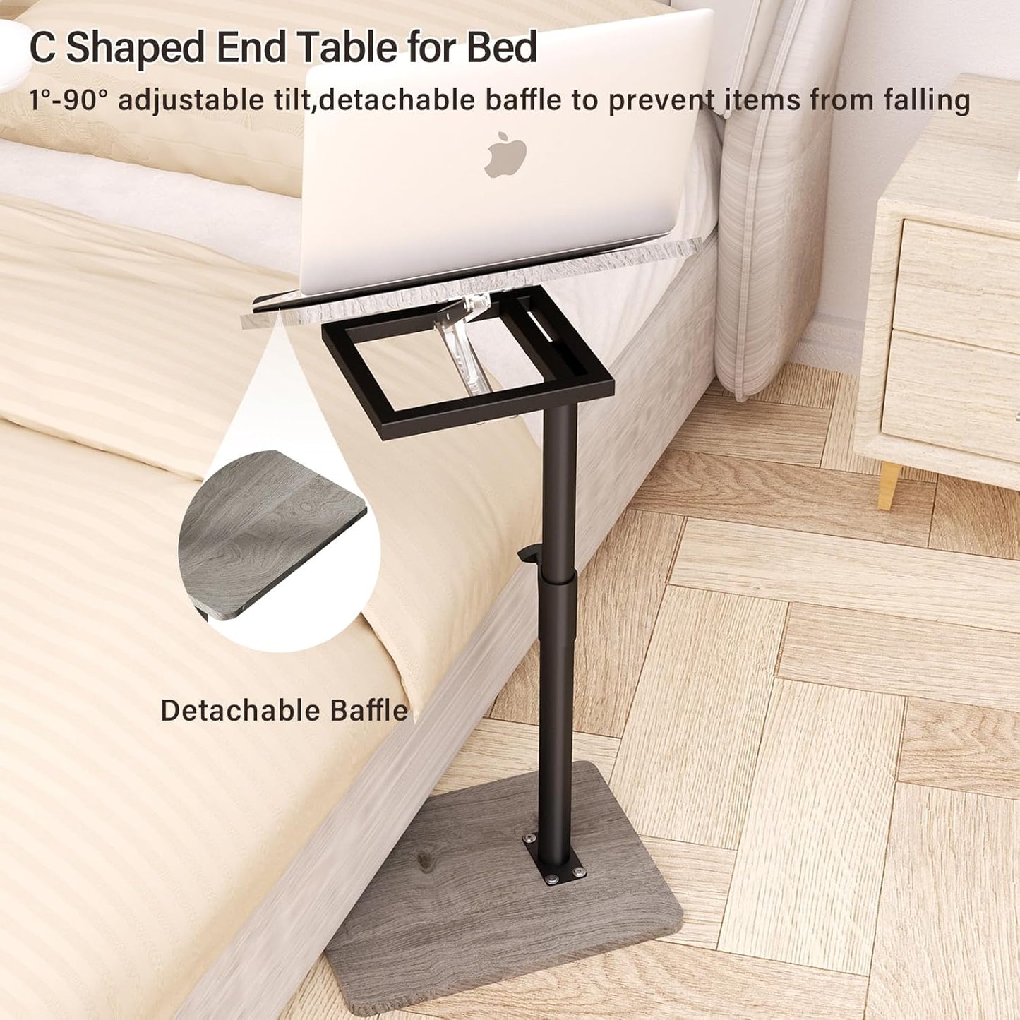 Sofa Armrest Tray Table for Couch - 360° Swivel Height Adjustable End for Small Spaces, Snack Side Table for Bed or Chair with Phone & Tablet Slot (Gray,Angle Adjustable)