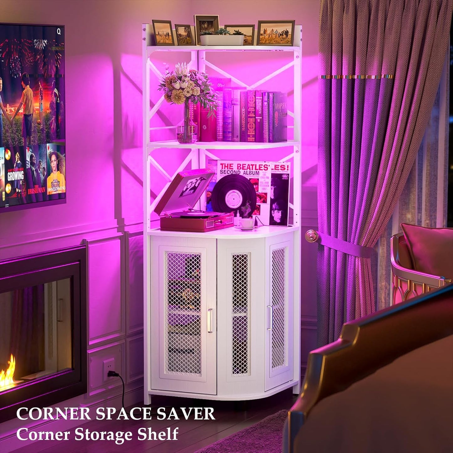 Aheaplus Corner Bar Cabinet with Power Outlet, Industrial Wine Cabinet with LED Strip and Glass Holder, 5-Tiers Liquor Cabinet Bar Unit for Home, Corner Display Cabinet for Small Space, White