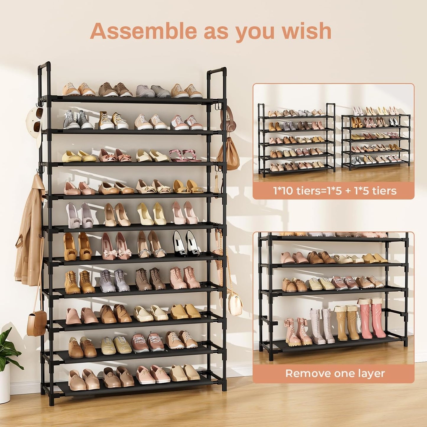 Tall Shoe Rack 10 Tier Shoe Organizer Large Shoe Shelf with 18 Hooks Storage for 50 Pair Sneaker and Boot, Stackable Vertical Shoe Rack Organizer for Closet, Entryway, Bedroom